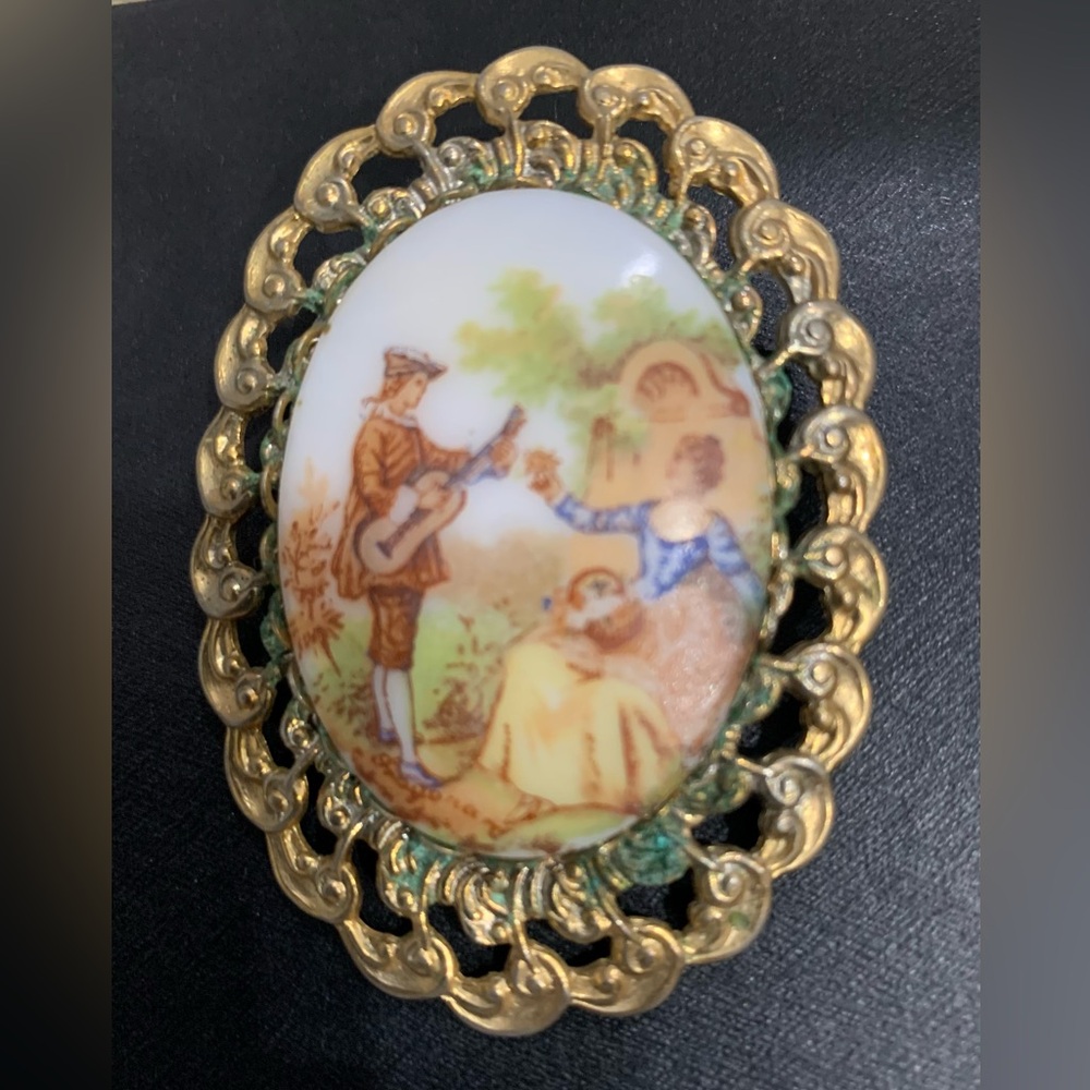 Vintage Gold Brooch with Porcelain Courting couple (Fragonard style ) Brooch